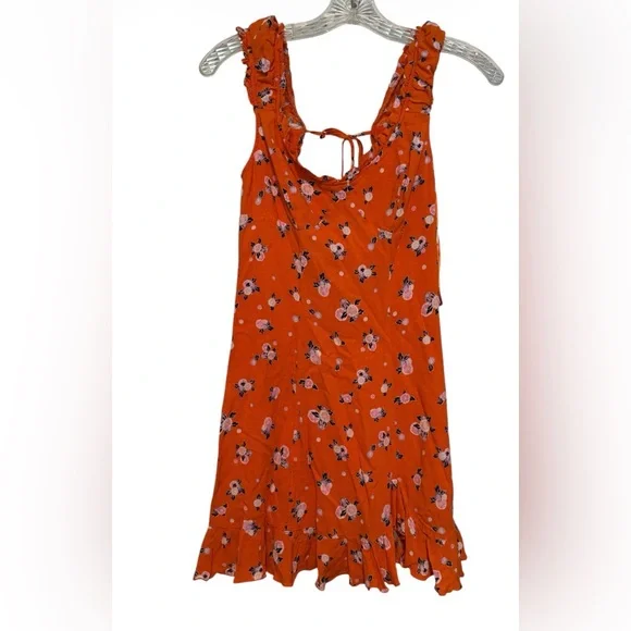Free People Like A Lady Mini Dress Orange Floral Ruffle Boho Open Back XS - Picture 2 of 4